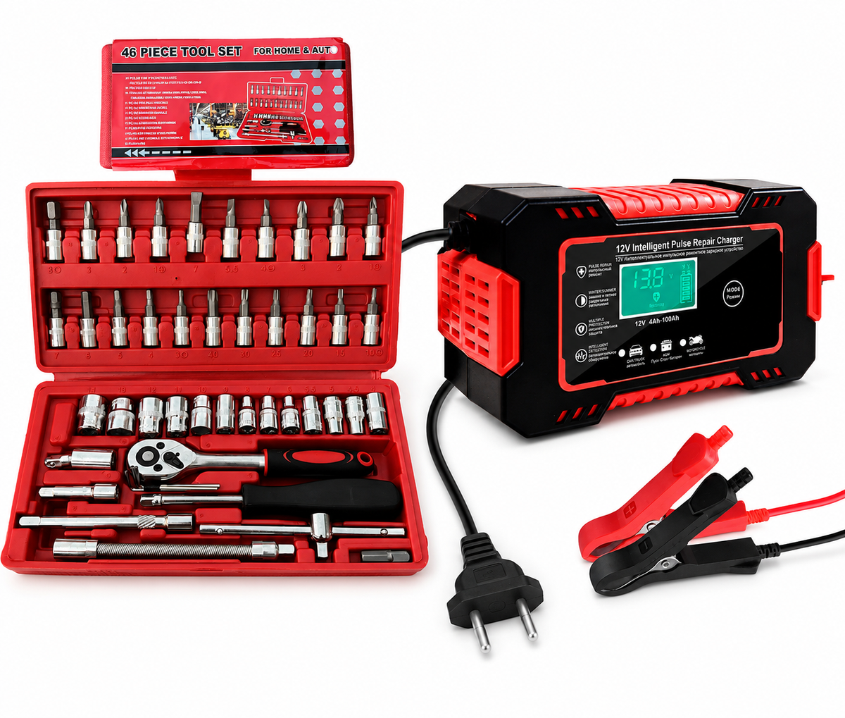 Combo cargador inteligente de batería 12 V + juego de copas 46 piezas